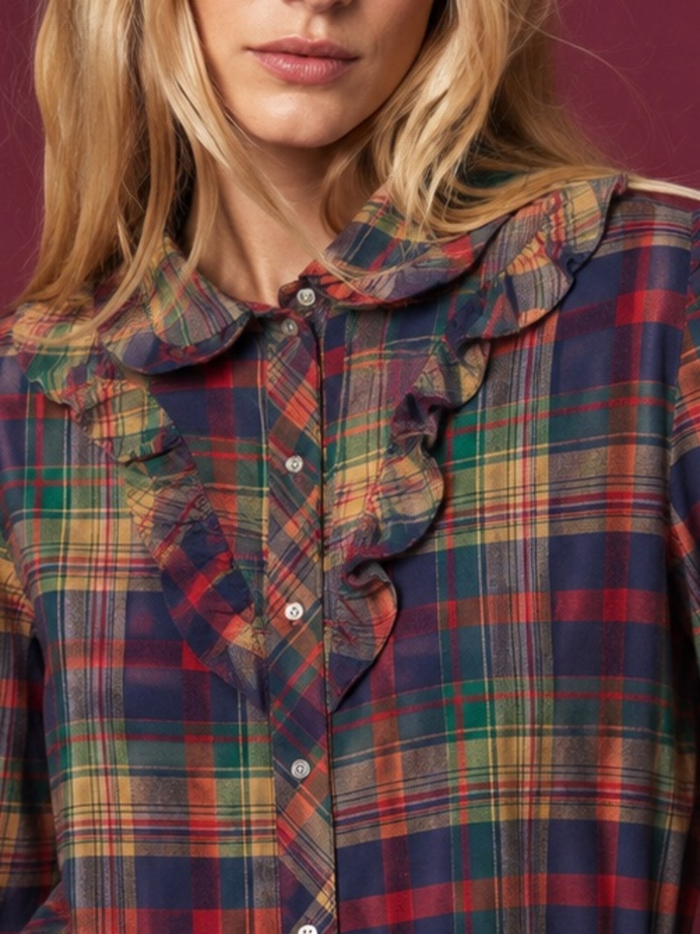 Vintage 70's Plaid Ruffle Collar Women's L Button Up Cotton Blouse - Picture 11 of 11
